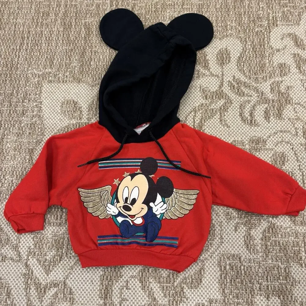 Vintage 80’s 90’s Disney Babies Mickey Red Hoodie Mickey Ears Size 6-12 Months - Picture 2 of 16